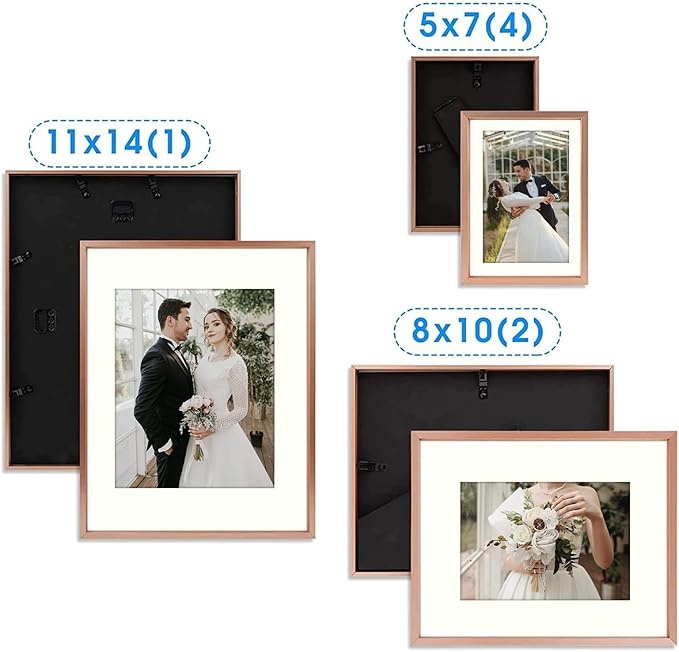 Golden State Art, Picture Frame Set 7 Pack, Gallery Wall Frame with One 11x14, Two 8x10, and Four 5x7. Aluminum Photos Frame for Wall or Tabletop Display (Style 1, Rose Gold, 7 Pack)