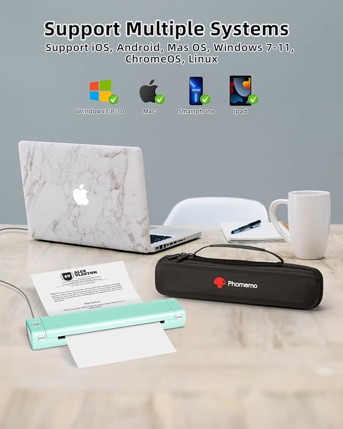 Phomemo Portable Printers Wireless for Travel, Thermal Bluetooth Printer Support for 8.5"x11" US Letter, Small Inkless Printer Compatible with iOS, Android, Laptop for Car, Office, Home，Green