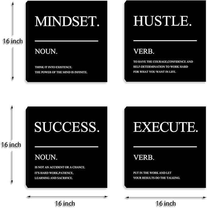 Home Office Wall Decor - Framed Motivational Wall Art for Office - Inspirational Hustle Wall Art - Mindset Canvas Wall Art Decorate for Living Room Bedroom Men Office Decor - 16"x16"x4PCS