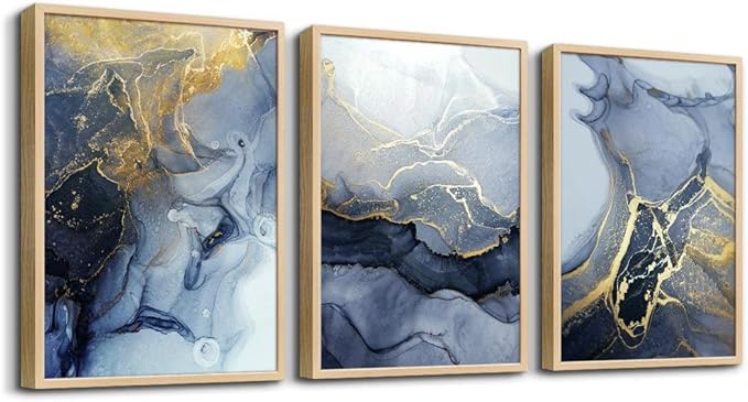 Framed Wall Art for Living Room Abstract Wall Decor for Bedroom Abstract Ink painting Wall Artworks Hang Pictures for Office Decoration 3 Panels Home Decor Posters Natural wood Framed Art Prints