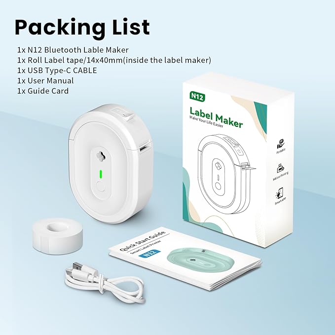 Mini Label Maker Machine with Tape, N12 Portable Bluetooth Label Printer, Thermal Sticker Labeler for Small Business, School, Home, Office(White)