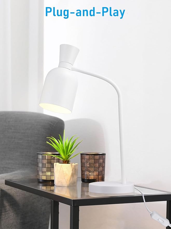 TORCHSTAR Metal Desk Lamp Aesthetic, Vase Shape Design, E26 Base, Max 60W Modern Goose Neck Task Desk Lamp with On/Off Switch, White, for Bedroom, Nightstand, Home Office, Bulb Not Included