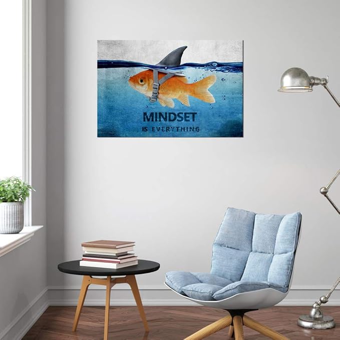 Modern Inspirational Canvas Wall Art Mindset Is Everything Goldfish Painting Artwork Motivational Quotes Office Wall Decor Entrepreneur Posters Ready to Hang for Home Decor - 12''Hx16''W