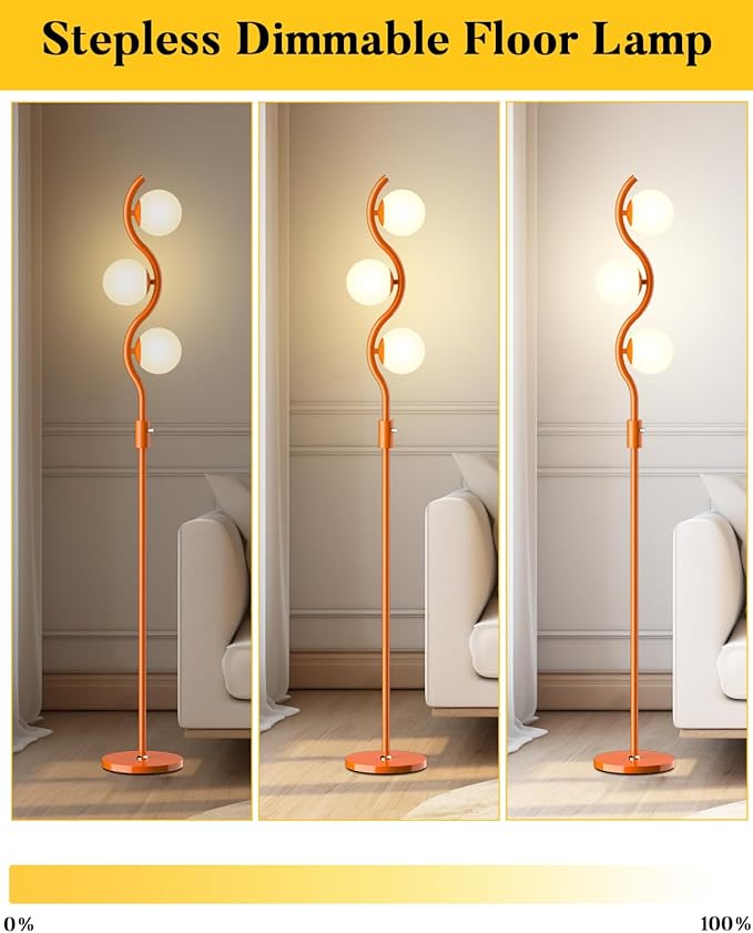 Lightdot 3-Globe Dimmable Floor Lamp Orange Mid Century Modern Standing Lamp with 3PCS 3000K Bulbs Included Stepless Brightness Adjustable Stable Base for Living Room/Bedroom/Sofa Beside/Corner Decor