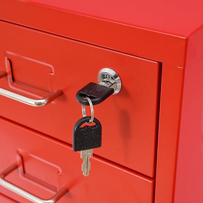 6-Drawer Metal File Cabinet, Mobile File Cabinet with Lock, Rolling Vertical Filing Drawers Under Desk for Home Office, 11 * 16 * 27in (Red)
