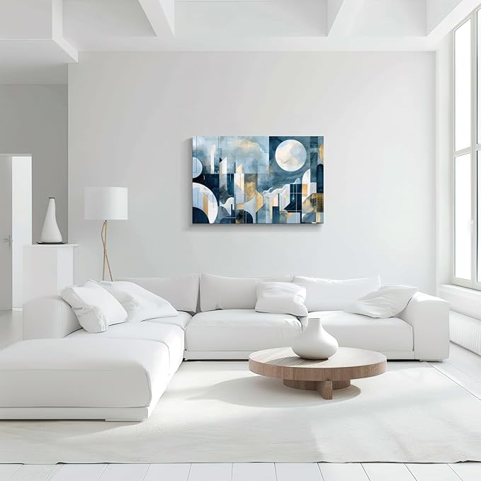 gaosoul Modern Abstract Canvas Wall Art Blue Artistic Cityscape Geometry Paintings Framed Minimalism Stylish Artwork Prints for Living Room Bedroom Office Decor 36x24in