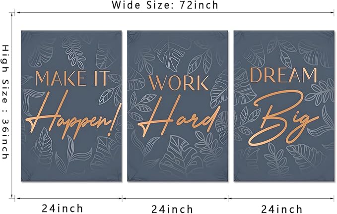 Set of 3 Inspirational Quotes Wall Art, Dream Big Work Hard Make It Happen Canvas Print Positive Office Poster Motivational Wall Decor Inspiring Picture Entrepreneur Painting Artwork, Framed 24"x36"x3