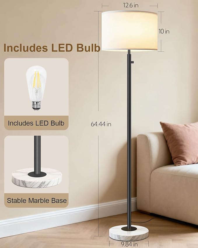Floor Lamps for Living Room–LED Bulb Included,Dimmable Floor Lamp with Linen Shade,Modern Standing Lamp with Marble Base,Tall Floor Lamp for Bedroom,Nursery,Reading & Office,Black