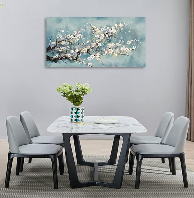 Plum Blossom Botanical Floral Canvas Art - Grey Blue - 30" x 60" - Framed - Ready to Hang - Bedroom, Living Room, Bathroom, Kitchen, Office, Home Wall Decor