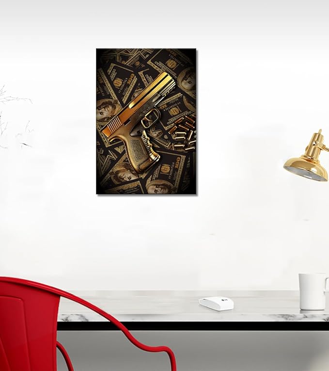 Real 100 Bill Dollar Cash Money Collection Gun Motivational Canvas Wall Art Money Killer Poster Print for Office Home Decor 12x16in