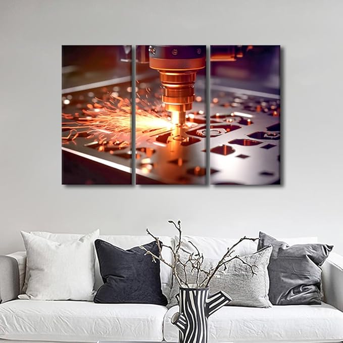 TUMOVO CNC Milling Machine Paintings for Wall Decorations 3 Piece Canvas Wall Art Machine Picture Art Prints Canvas Art Wall Decor Modern Artwork for Home Walls with Wooden Frame, 42x28 Inch