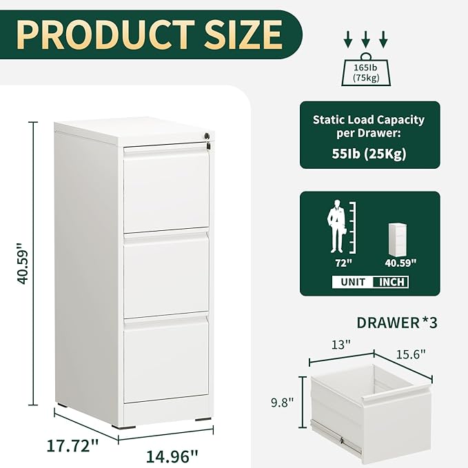 3 Drawer File Cabinet with Lock, Metal Vertical File Cabinets for Home Office, Office Furniture for Organization Hanging Legal/Letter/A4, Office File Cabinet Storage Cabinet, Require Assembly, White