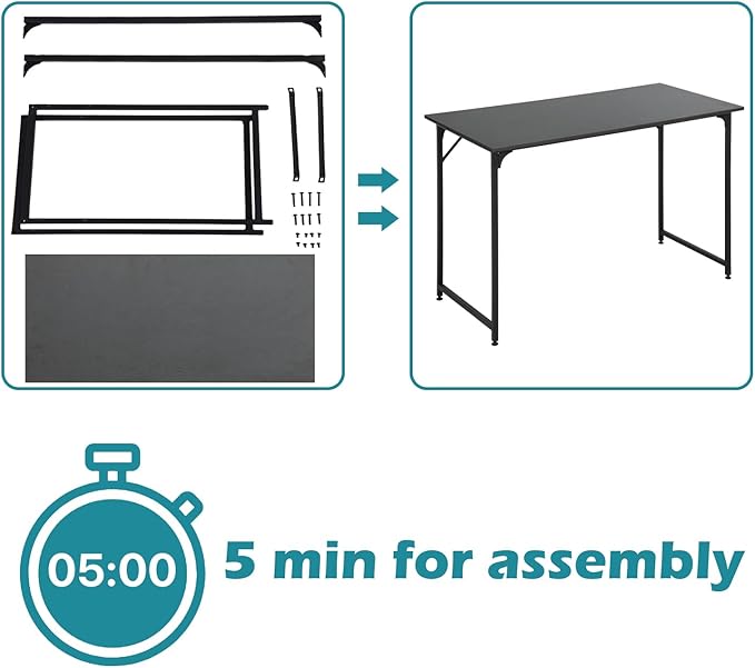 Dkelincs 47 Inch Computer Desk Home Office Desk Gaming Writing Desk Modern Simple Style Study Work Table with Metal Frame, Large Legroom, Adjustable Feet, Water-Resistant, Black