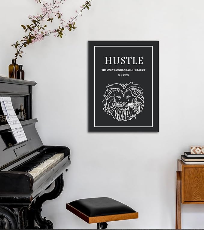 Hustle Canvs Wall Art - Motivational Quotes Print with Lion Line Drawing, Inspirational Wall Decor Black and White Success Poster Positive Inspiring Artwork for Home Office Gym, Framed 18x24 in