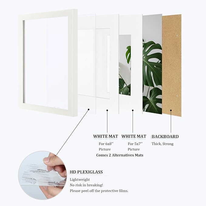 Egofine 9x12 Picture Frames 4PCS Covered by Plexiglass, Wood Frames for Pictures 5x7/6x8 with Mat or 9x12 without Mat, Tabletop and Wall Mounting Display, White with Texture