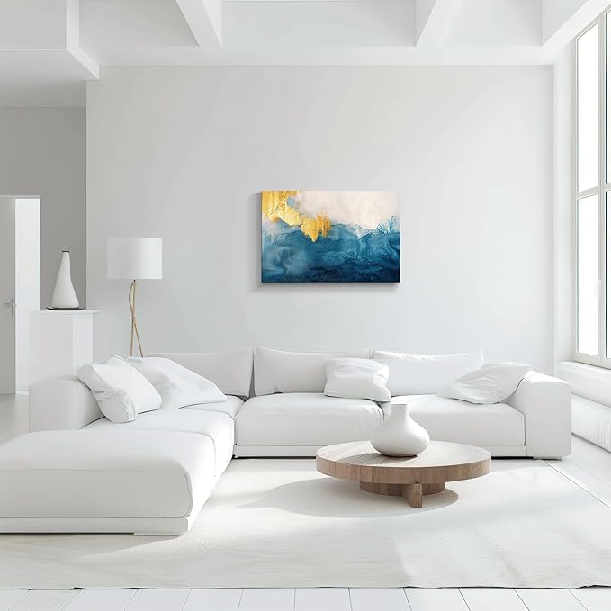 gaosoul Modern Canvas Wall Art Blue Gold Leaf Abstract Painting Prints Minimalism White and Light Blue Tranquility Poster for Living Room Bedroom Office Decor Framed 30x20in