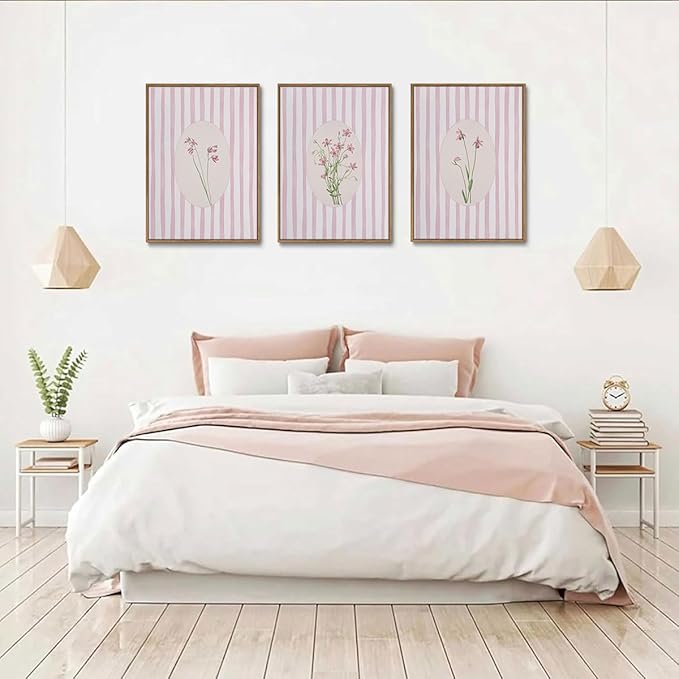 KISSFOX 3 Piece Floral Framed Wall Art Pink Wildflower Canvas Wall Art Flower Pictures Wall Decor Boho Botanical Paintings Poster Wall Decor For Girly Room Bedroom Apartment Dorm Living Room
