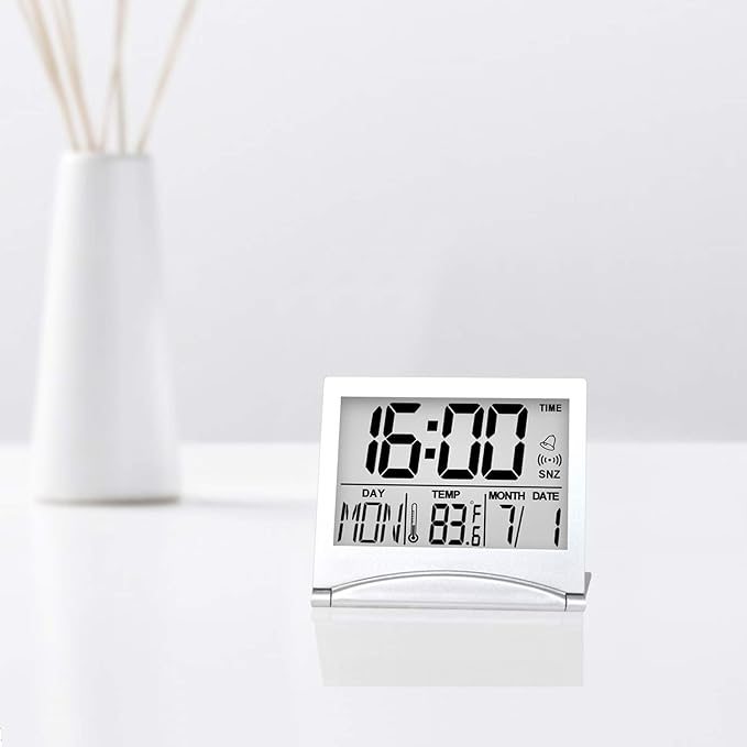 Betus Digital Travel Alarm Clock - Foldable Calendar Temperature Timer LCD Clock with Snooze Mode - Large Number Display, Battery Operated - Compact Desk Clock(Silver, No Backlight)