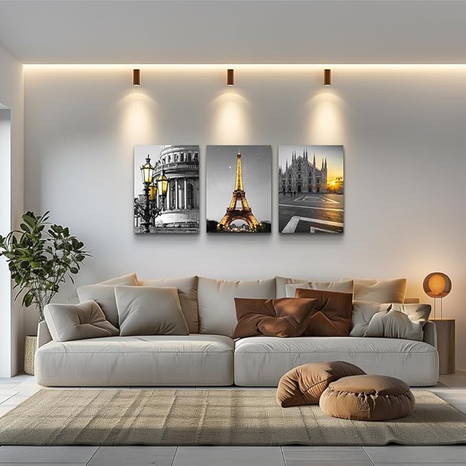 Black and white Architectural landscape Canvas Wall Art for Living Room kitchen Wall Artworks Bedroom Decoration, 3 Piece framed bathroom Home Wall decor posters Yellow Eiffel Tower wall painting