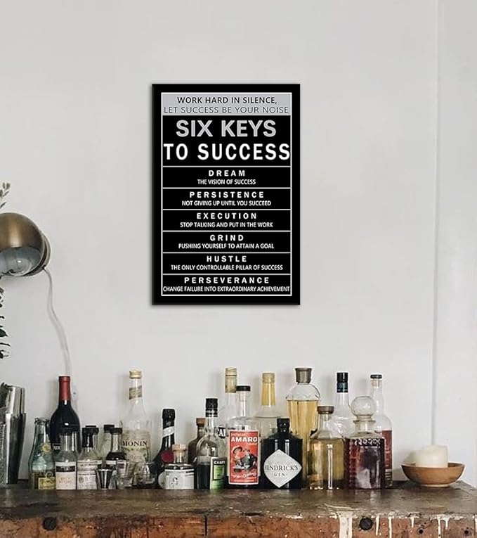 Six Keys to Success Canvas Wall Art, Motivational Wall Decor with Work Hard in Silence Quote, Inspirational Black & White Canvas Print for Home Office, Framed 12x16 inch
