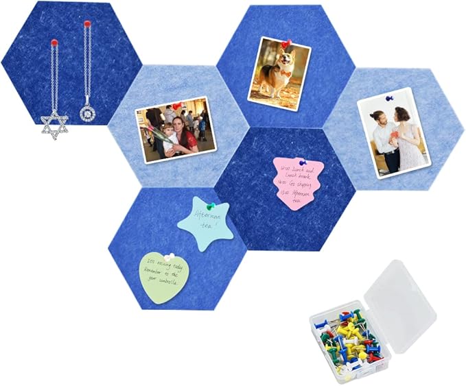 Vuzvuv 6 Pcs Hexagon Bulletin Board with 50 Pushpins & Sticky Note Adhesive Cork Board for Wall，Felt Pin Board for School，Office Decor（Blue）