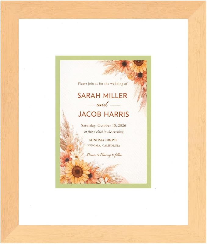 Poster Palooza Wedding Invitation Display Frame 11.25x13.25 in Natural With White and Spring Green Double Mat for 5.5x7.5 Boutique Keepsake | USA Made