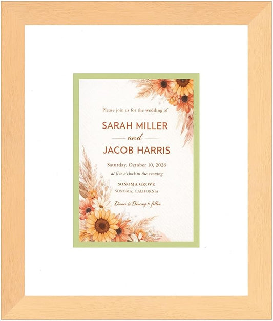 Poster Palooza Wedding Invitation Display Frame 11.25x13.25 in Natural With White and Spring Green Double Mat for 5.5x7.5 Boutique Keepsake | USA Made