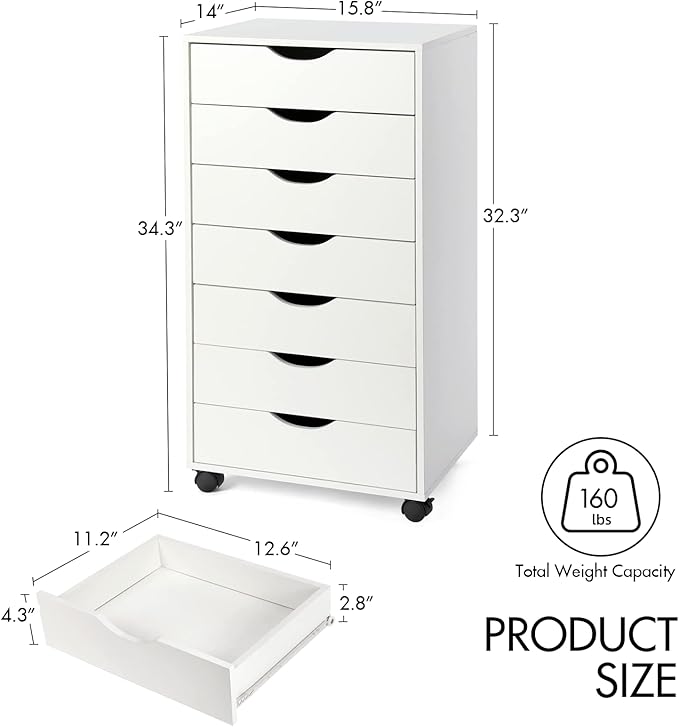 TUSY 7 Drawer Storage Organizer on Wheels, Mobile File Cabinet with Locking Casters, Tall Chest of Drawers for Home Office, White Rolling Storage Drawers for Office Supplies