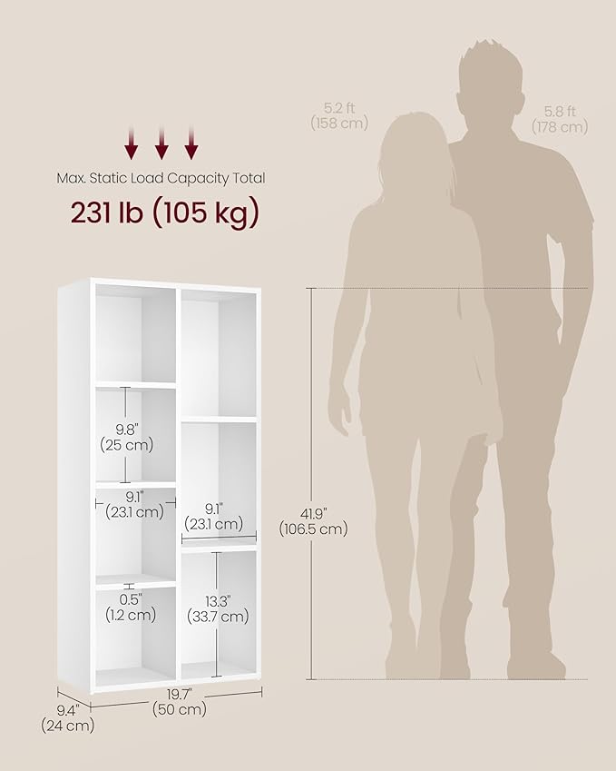 VASAGLE CUSTOS Collection - Bookshelf, Bookcase, Cube Shelf with 7 Compartments, 9.4 x 19.7 x 41.9 Inches, Storage Shelf, for Living Room, Home Office, Dining Room, Cloud White ULBC27WT