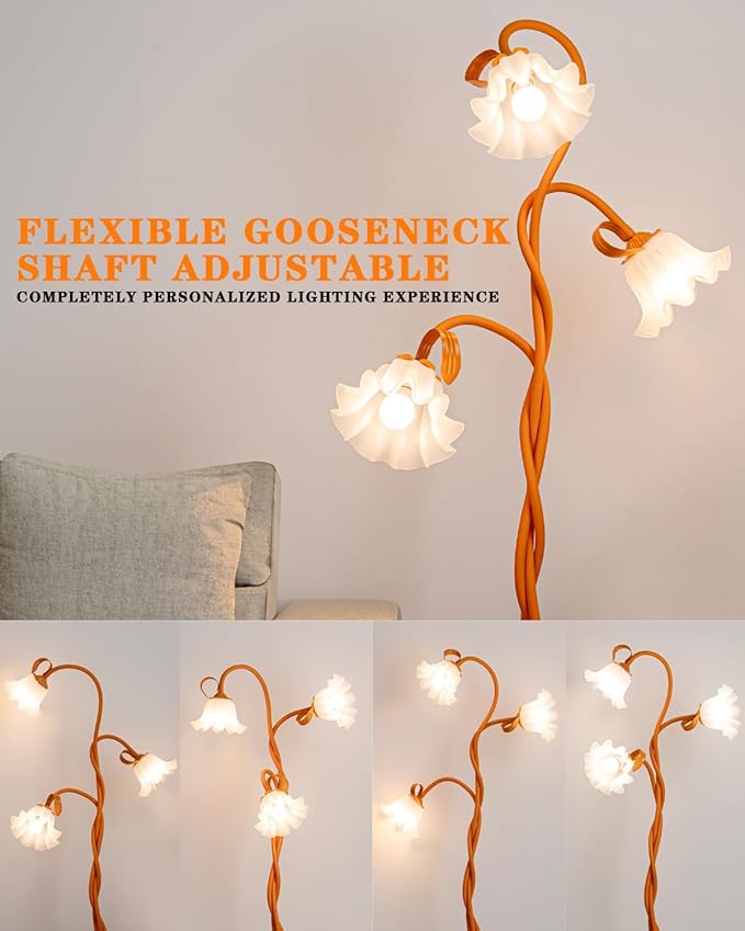 Flower Standing Lamp for Bedroom - 3 Color Temperatures Decorative Flower Tall Floor Reading Lamp with Flexible Neck for Bedroom Living Room Office Corner (Orange)