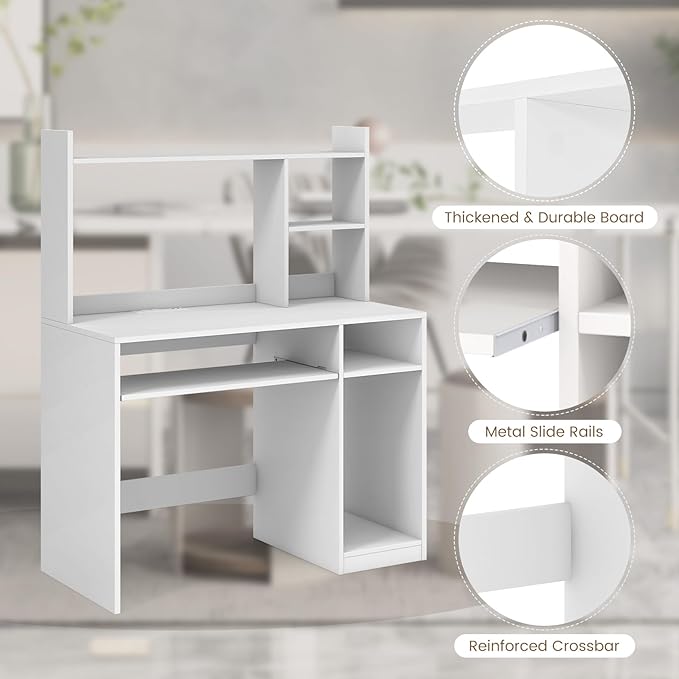White Computer Desk with Hutch, Wood PC Table w/Power Outlet, Keyboard Tray and CPU Stand, Modern Writing Desk with Bookshelf for Bedroom, Simple Work Table for Home Office
