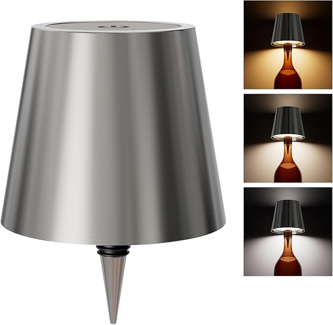 Wireless Bottle Lamp, Wireless Bottle Lamp Shade with 3 Color Temperature, Rechargeable Stepless Dimming LED Wine Bottle Lights for Any Bottle, Desk Lamp for Bedroom Restaurant-Electroplating Silver