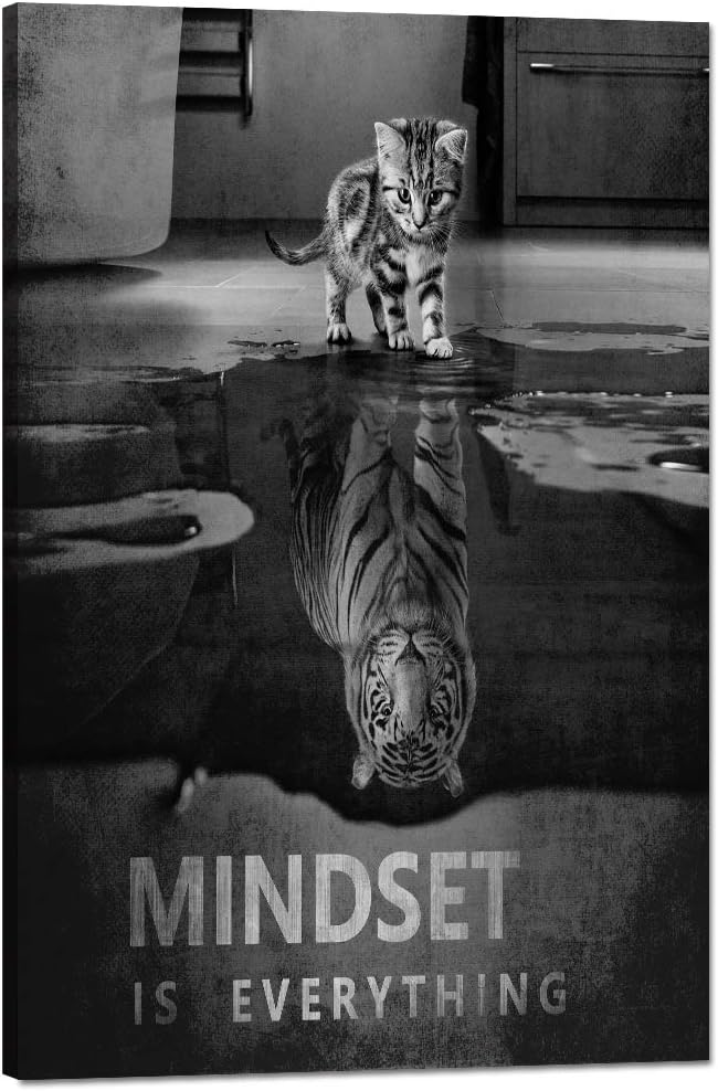 Inspirational Canvas Wall Art with Cat and Tiger Picture Motivational Quotes Mindset is Everything Canvas Painting Entrepreneur Office Wall Decor Artwork Framed Ready to Hang - 12''W x 16''H