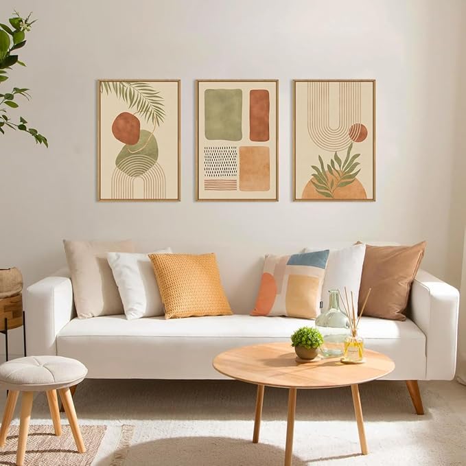 Large Boho Sage Green Framed Canvas Wall Art,Abstract Geometric Beige Wall Decor,Mid Century Modern Art Prints,Neutral Botanical Leaf Artwork for Living Room,Bedroom,Office -24"x36"x3