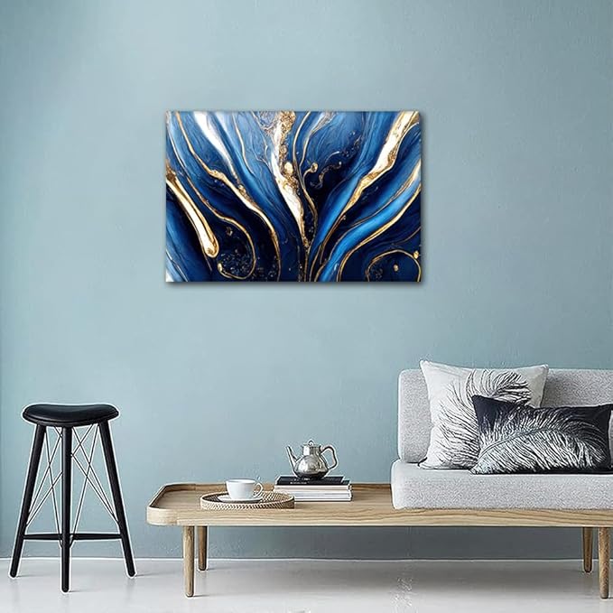1 Panel Wall Art Decor Abstract Canvas Artwork Digital Art Marbling Texture Picture Blue Gold and White Colors Poster Prints for Men Office Wall Decor Stretched and Framed Ready to Hang 24x16 in