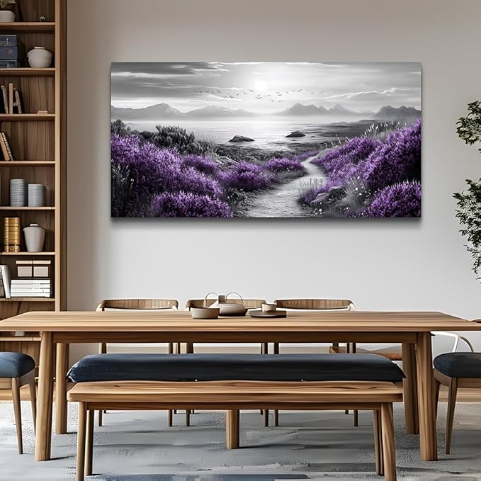FUHAIHUA Canvas Wall Art For Living Room Wall Decor For Bedroom Office Wall Decoration Purple Flowers Landscape Painting Black And White Pictures Artwork Room Aesthetic Home Decor 20x40 In