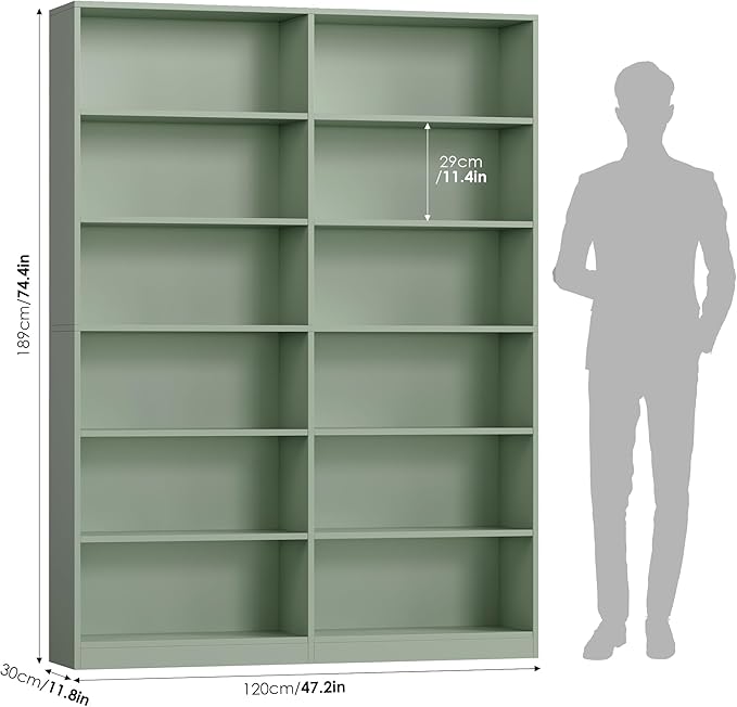 FACBOTALL Bookshelf and Bookcase, 6-Tier Double Wide Bookshelves, Freestanding Display Storage Shelves, Tall Bookcases for Home Decor Bedroom, Living Room, Home Office, Green