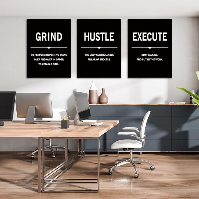 COSCTOR Set of 3 Motivational Wall Art Canvas for Office Workplace Garage Gym Living Room Bedroom Grind Hustle Execute Black and White Wall Decor Inspirational Quotes Posters for Paintings(Framed,12x16)