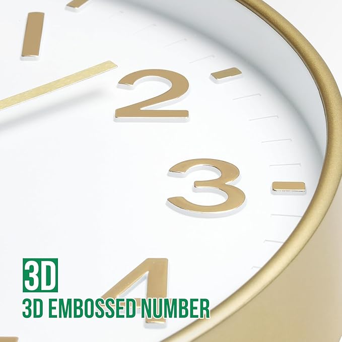 Wall Clock 12 Inch White-Gold Modern Simple Quartz Decorative Clock Non-Ticking Silent Battery Operated Round Wall Clocks Trendy and Practical Best Gift for Living Room Bedroom Kitchen Office