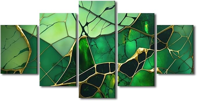 Abstract Canvas Wall Art Decor for Men Living Room Canvas Art 5 Panel Green Glass Abstract Art Modern Colorful Art Nouveau Poster for Men Lady Bedroom Home Wall Decor Framed Ready to Hang 60x32 in