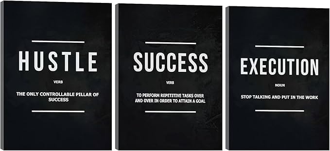 Halioyo Motivational Wall Art, 3 Pane Inspirational Canvas Prints with Positive Saying, Hustle Success Office Wall Decor for Living Room, Bedroom, Workspace, Ready to Hang(12x16 inch)