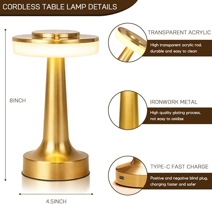 Cordless Metal Desk Lamp, Touch Sensor Control LED Table Lamp,3 Color Stepless Dimmable Battery Powered Lamp for Living Room, Dorm, Home Office (Gold)