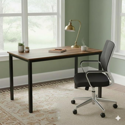 55 inch Large Computer Desk Wood, Modern Simple Style Desk for Home Office, Bedroom, Study Student Writing Desk, Small Spaces, Black Metal Frame, Walnut Top