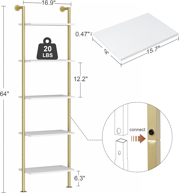 5-Tier Bookshelf - Solid Wood Narrow Bookcase Set of 2, Wall Mount Ladder Shelf, Storage Rack for Living Room, Bedroom, Bathroom, White and Gold
