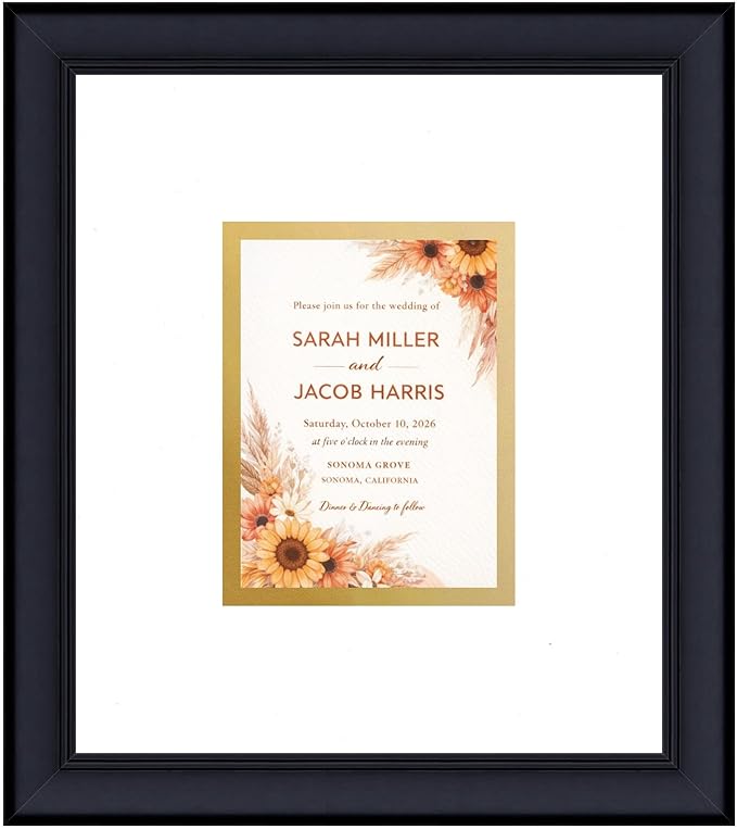 Poster Palooza Wedding Invitation Display Frame 10x11.25 in Black With White and Metallic Gold Double Mat for 4.25x5.5 A2 Keepsake | USA Made