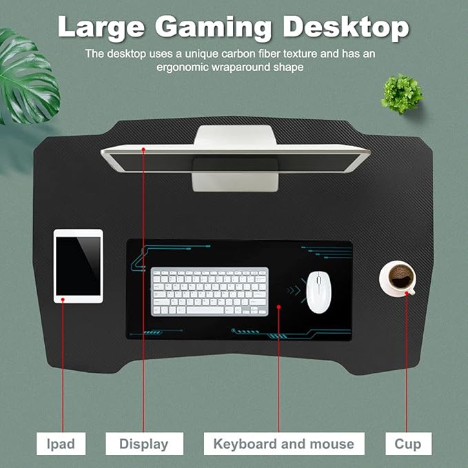 BestOffice Gmaing Desk 35.4in PC Computer Desk, Blue Ergonomic Gaming Table Z Shaped Gaming Workstation with Headphone Hook for Home Office，Blue