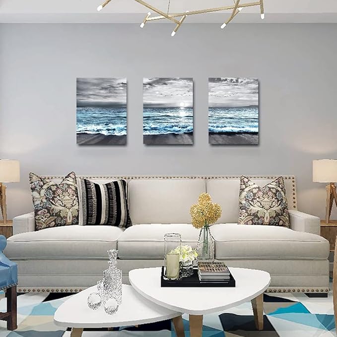 Framed Canvas Wall Art - 3 Piece Set: Black & White Blue Ocean Sea Wave Pictures - Modern Beach Posters for Living Room, Bedroom & Office Wall Decor