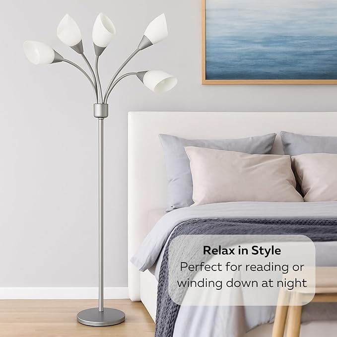 LIGHTACCENTS Medusa 5-Light Floor Lamp – Silver Multi-Head Standing Lamp w/ 5 Adjustable White Acrylic Shades for Bedroom, Living Room, Office