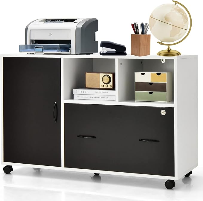 Lateral File Cabinet with Lock, Filing Cabinet for Legal/Letter/A4 Size Files, 40” Printer Stand with Open Storage Shelves for Home Office, Mobile File Cabinets on Wheels