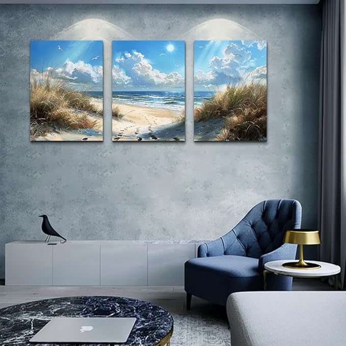 TTHYUEWS Canvas Wall Art For Bedroom & Living Room Modern Decorations Blue Ocean Beach Wall Paintings Sea Wave Wall Pictures Artwork for Office Ready To Hang Home Decor 3 Piece